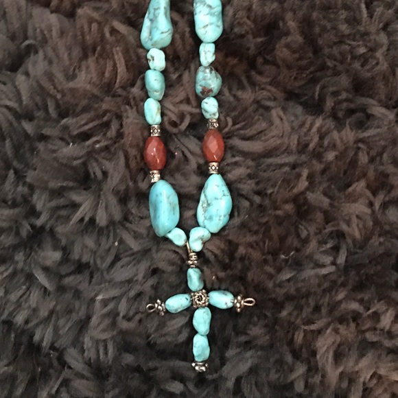 Turquoise and maroon/brown stone cross necklace - Picture 4 of 4