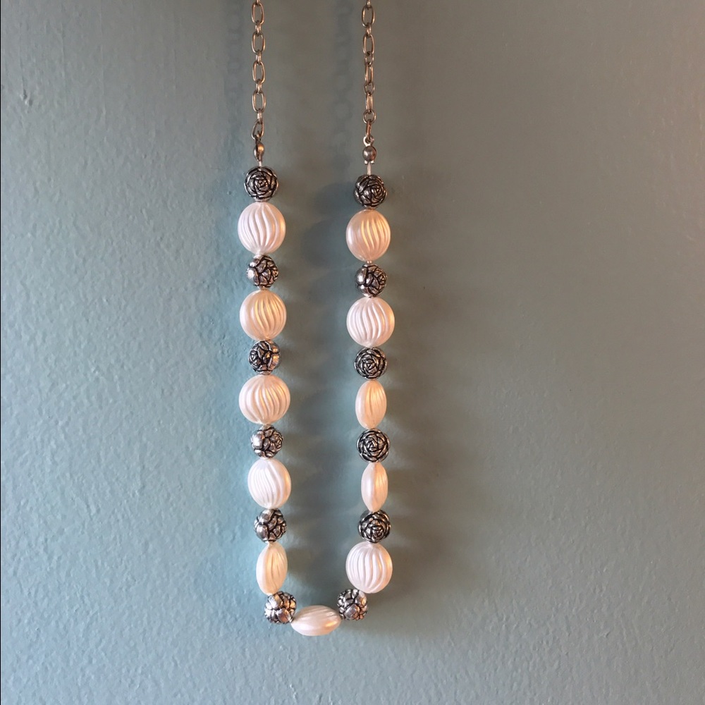 Pewter Rose & Cream Beaded Long Necklace