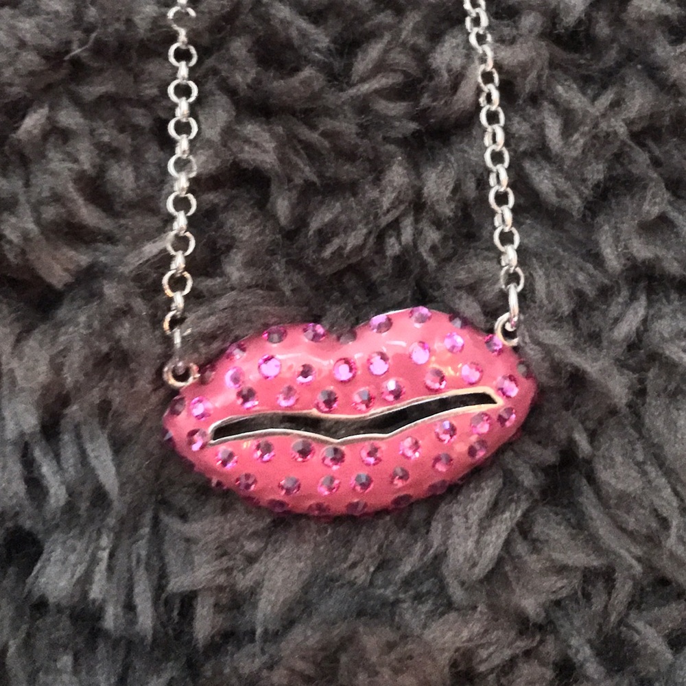 Girl's Rhinestone Pink Lips Necklace
