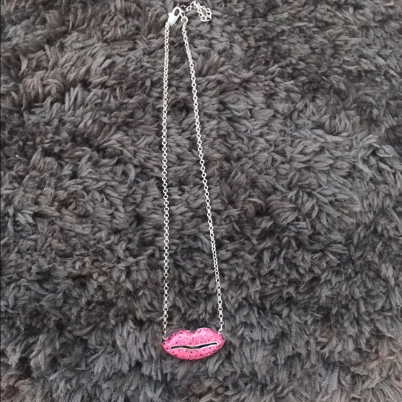 Girl's Rhinestone Pink Lips Necklace - Picture 2 of 4