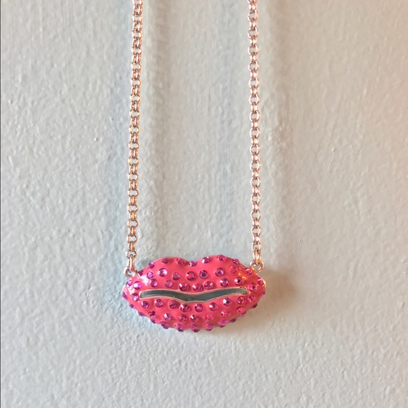 Girl's Rhinestone Pink Lips Necklace - Picture 3 of 4