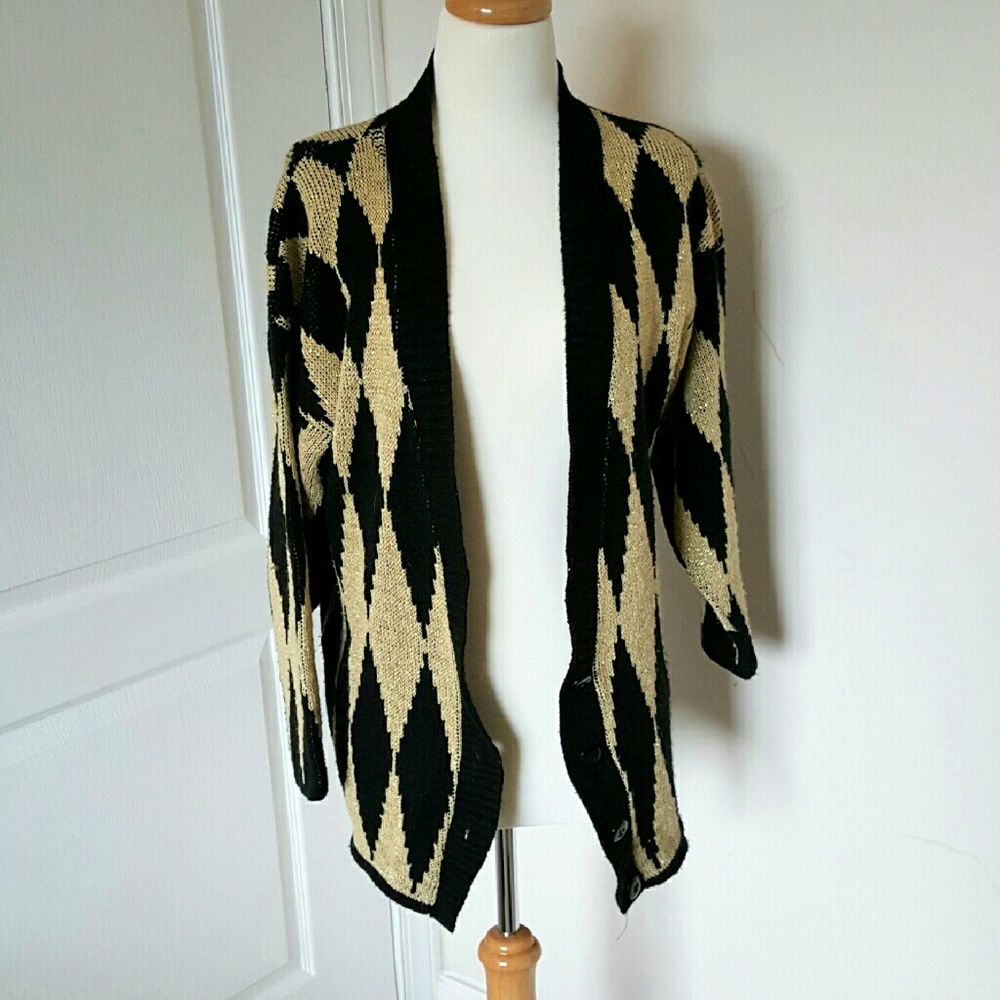 Vintage Black & Gold Diamond Checkered Cardigan