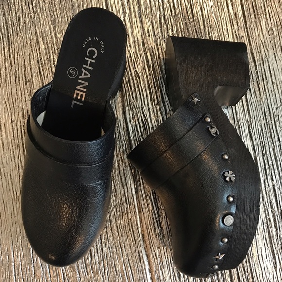 CHANEL Shoes - New Auth! CHANEL wooden clogs leather mules Sz 36