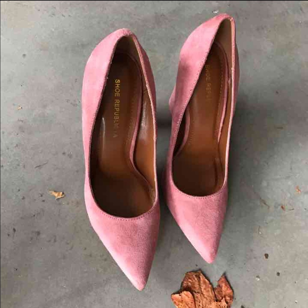 Mauve pointy toe chunky heels slip on pump - Picture 2 of 4