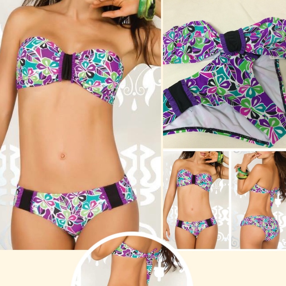 Purple floral strapless bikini set