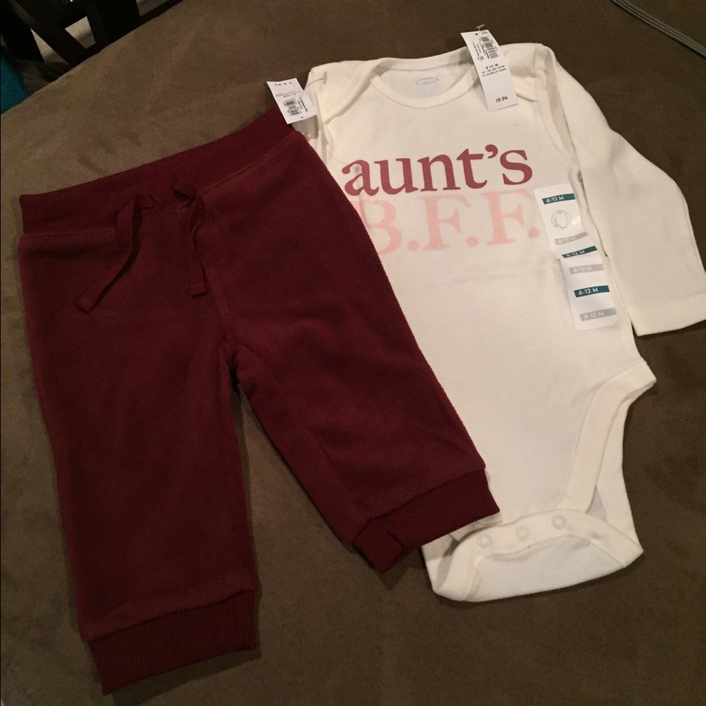 6-12 month fleece pants and a long sleeve onesie