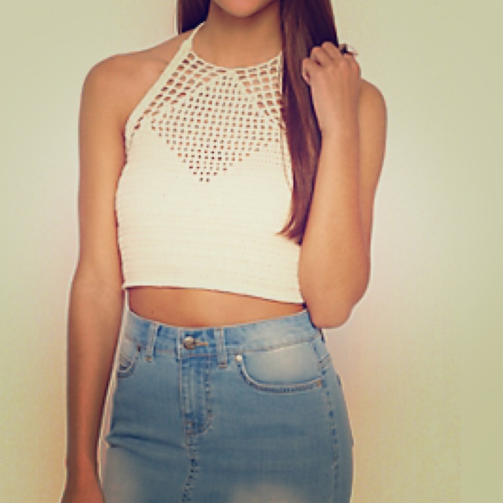 Boho People Ivory Crochet Halter Crop Top NEW