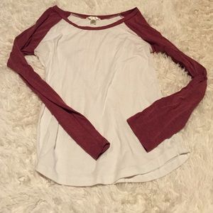 burgundy and white baseball tee