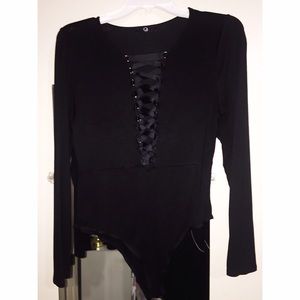 Lace Up Long Sleeve Black Bodysuit