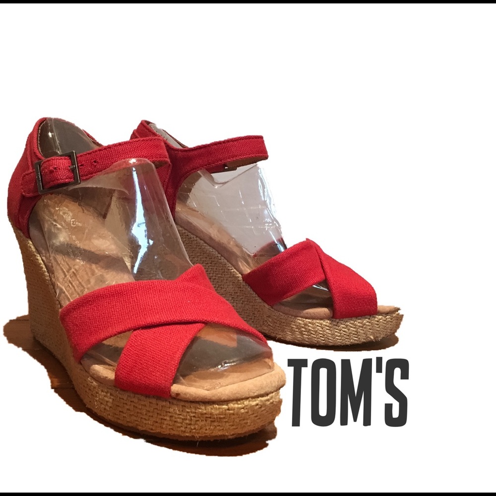 Toms red canvas wedges