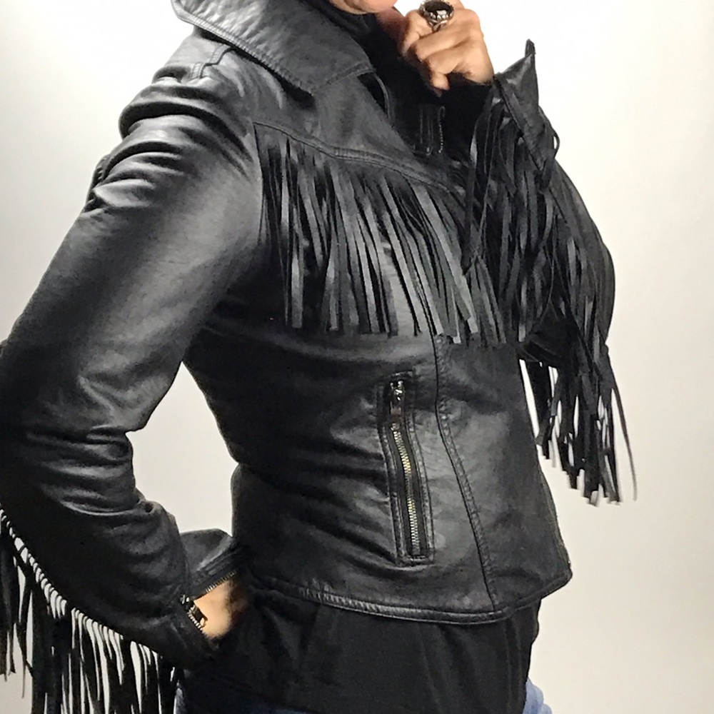 Black faux leather fringed women's jacket