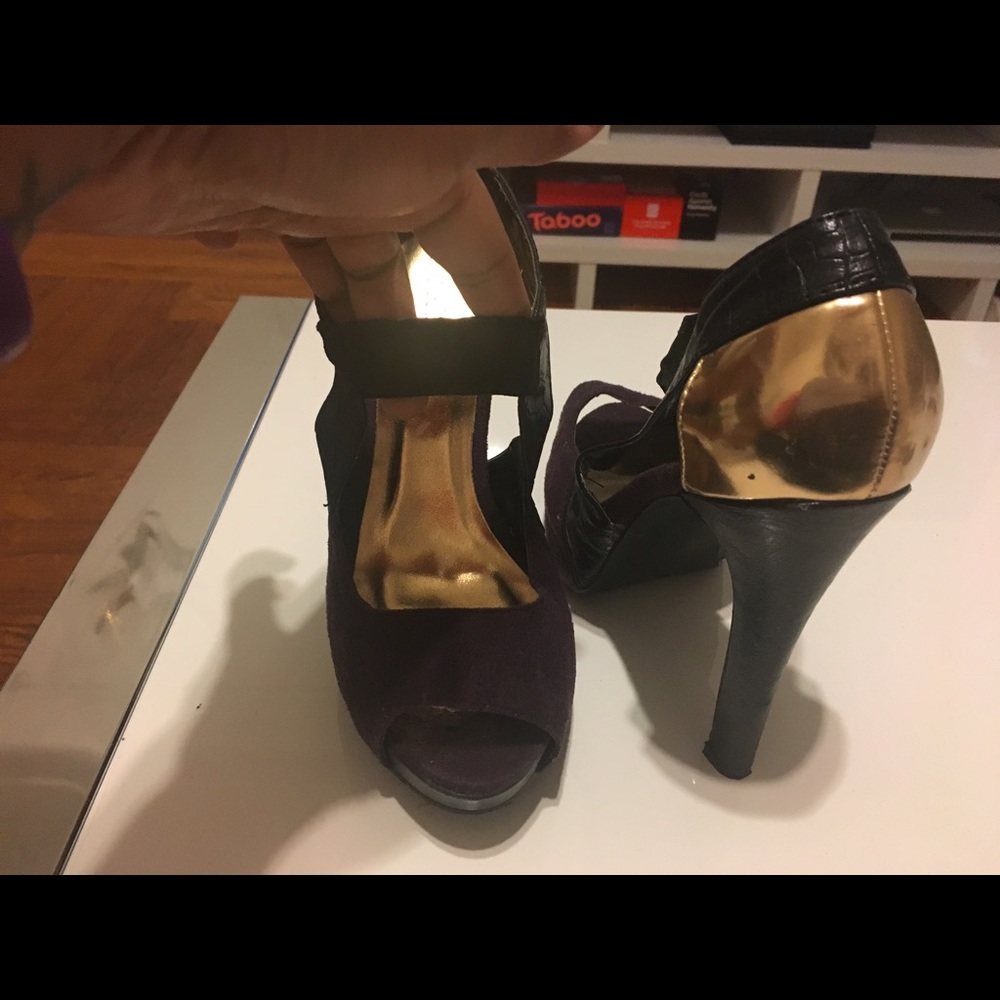 Purple and gold heeled sandals