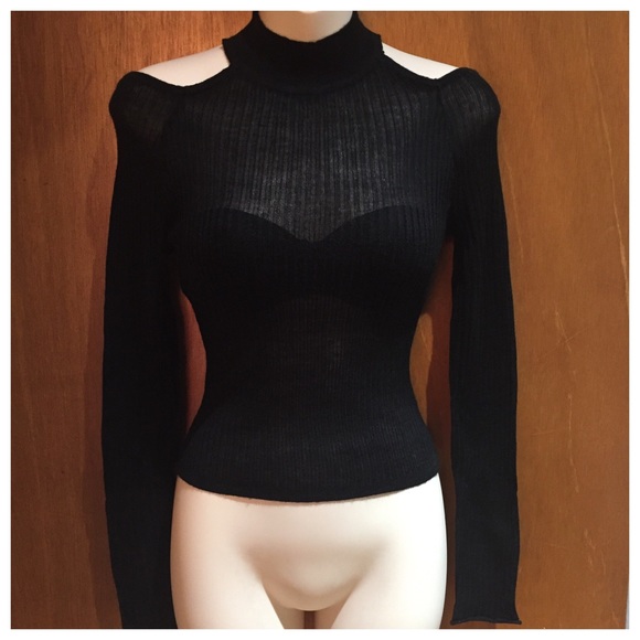 Missguided Black Cold Shoulder Skinny Rib Jumper - Picture 2 of 4