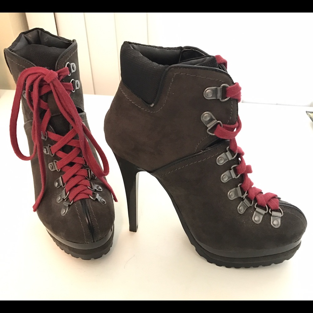Chocolate brown combat style high heeled boots