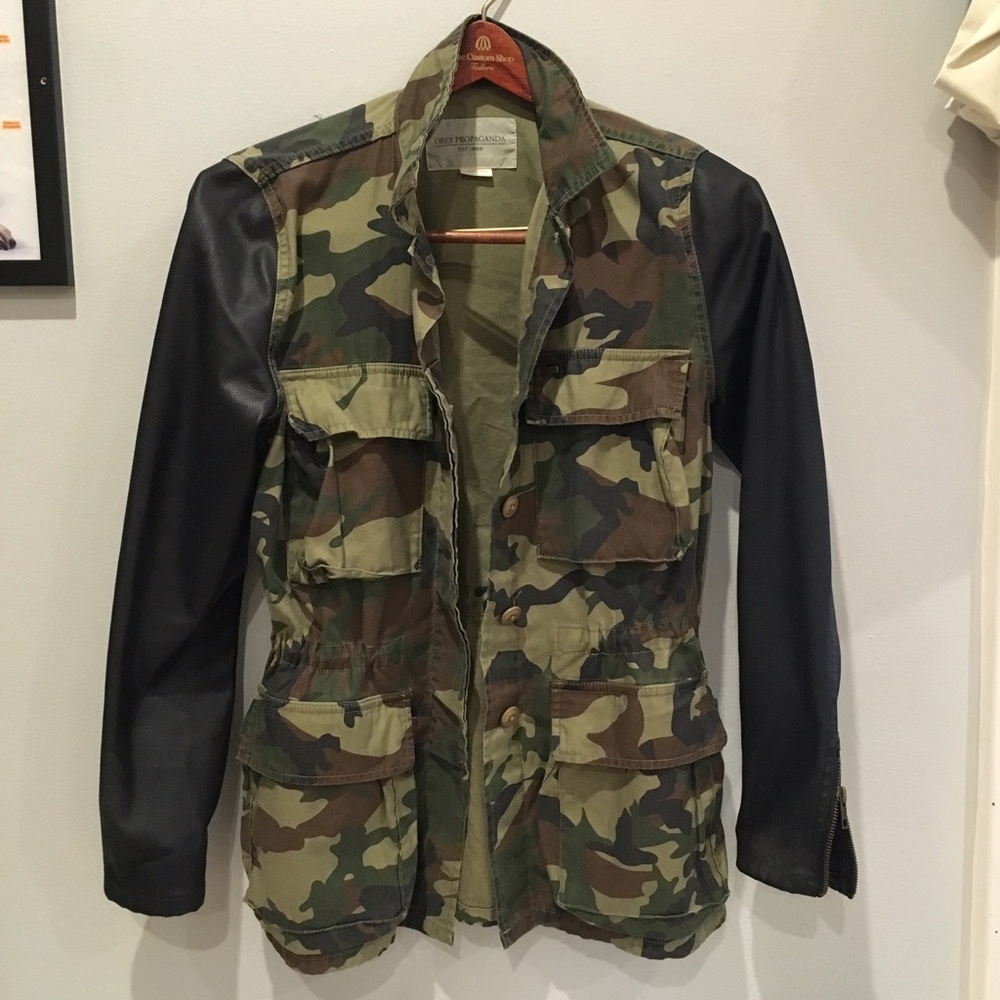 Obey Hartman jacket army with leather sleeves
