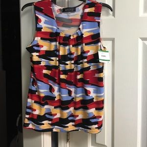 multi colored blouse with pleated neckline