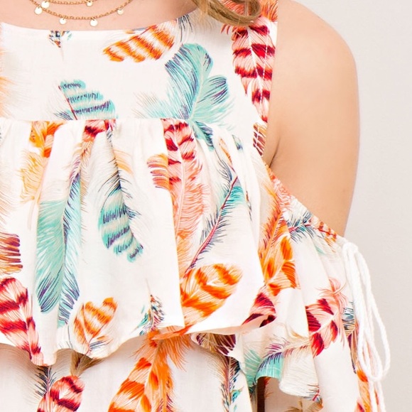 LAST ONE! Feather print cold shoulder blouse - Picture 3 of 5