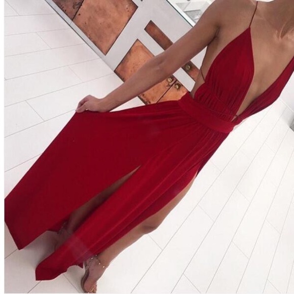 RESTOCKED!! Long Deep V Red Dress - Picture 3 of 5