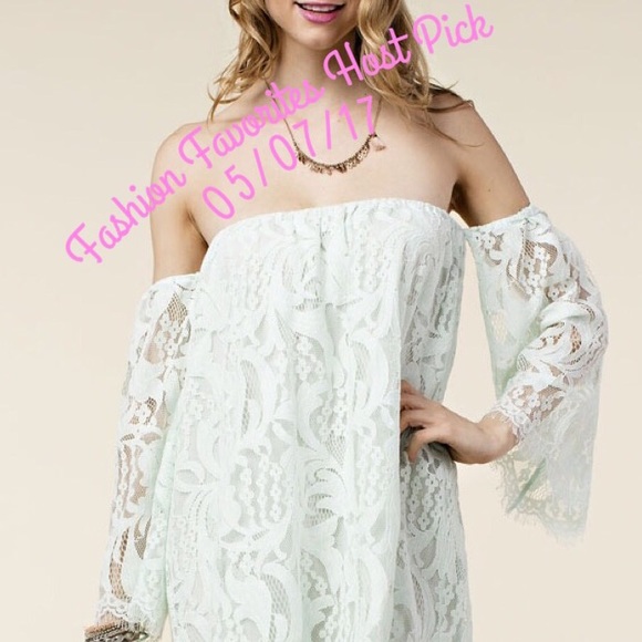 Mint green off the shoulder lace dress - Picture 2 of 6