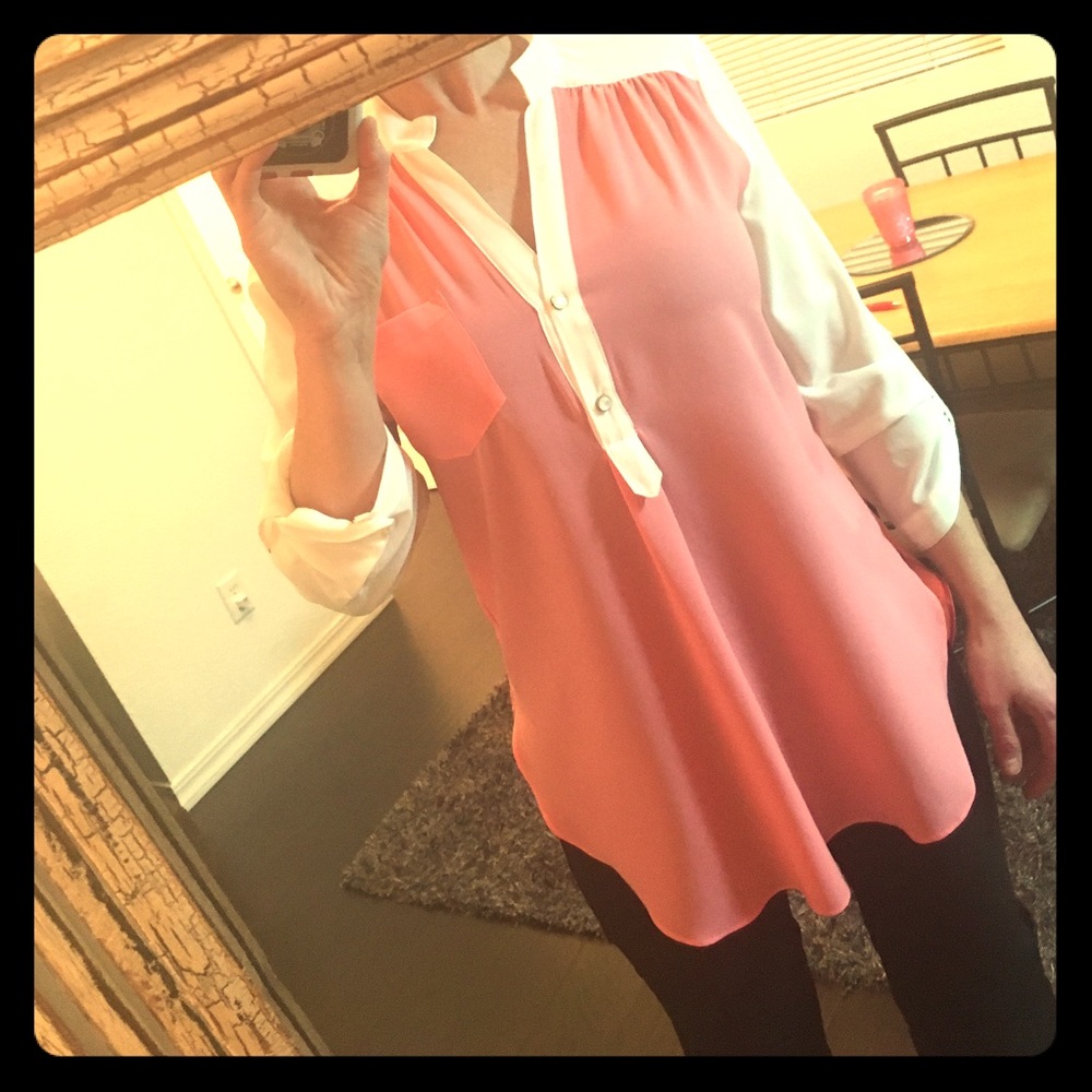 IZ Byer 100% Polyester Pink and White Blouse