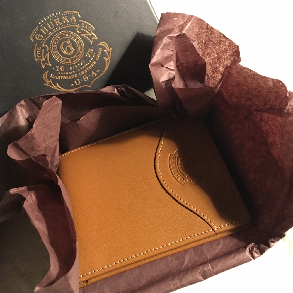 New with box Ghurka tan leather mens/unisex wallet