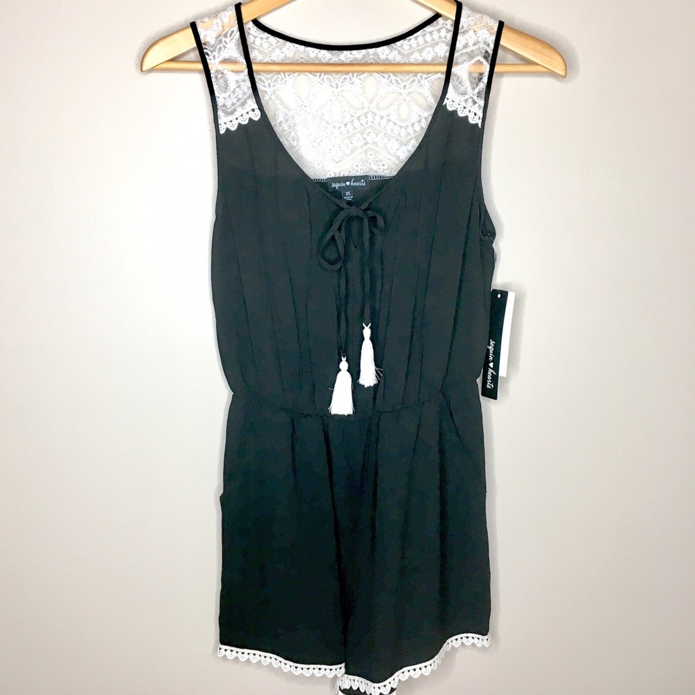 NWT Black Romper Shorts White Lace & Tassel  Sz XS