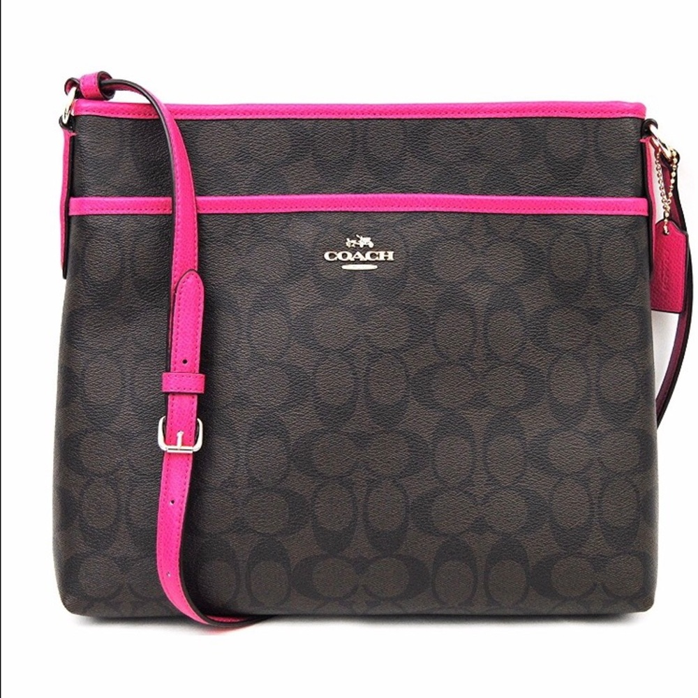 New Coach Signature File Bag in Brown and Pink