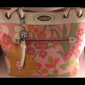 Spartina Purse Pink Linen with Flowers. Leather