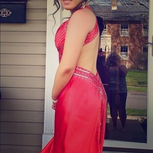Satin Tomato Red Beaded Halter Prom Dress