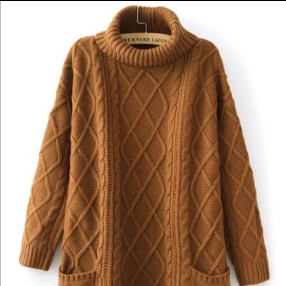 Khaki Turtleneck Cable Knit Sweater Dress