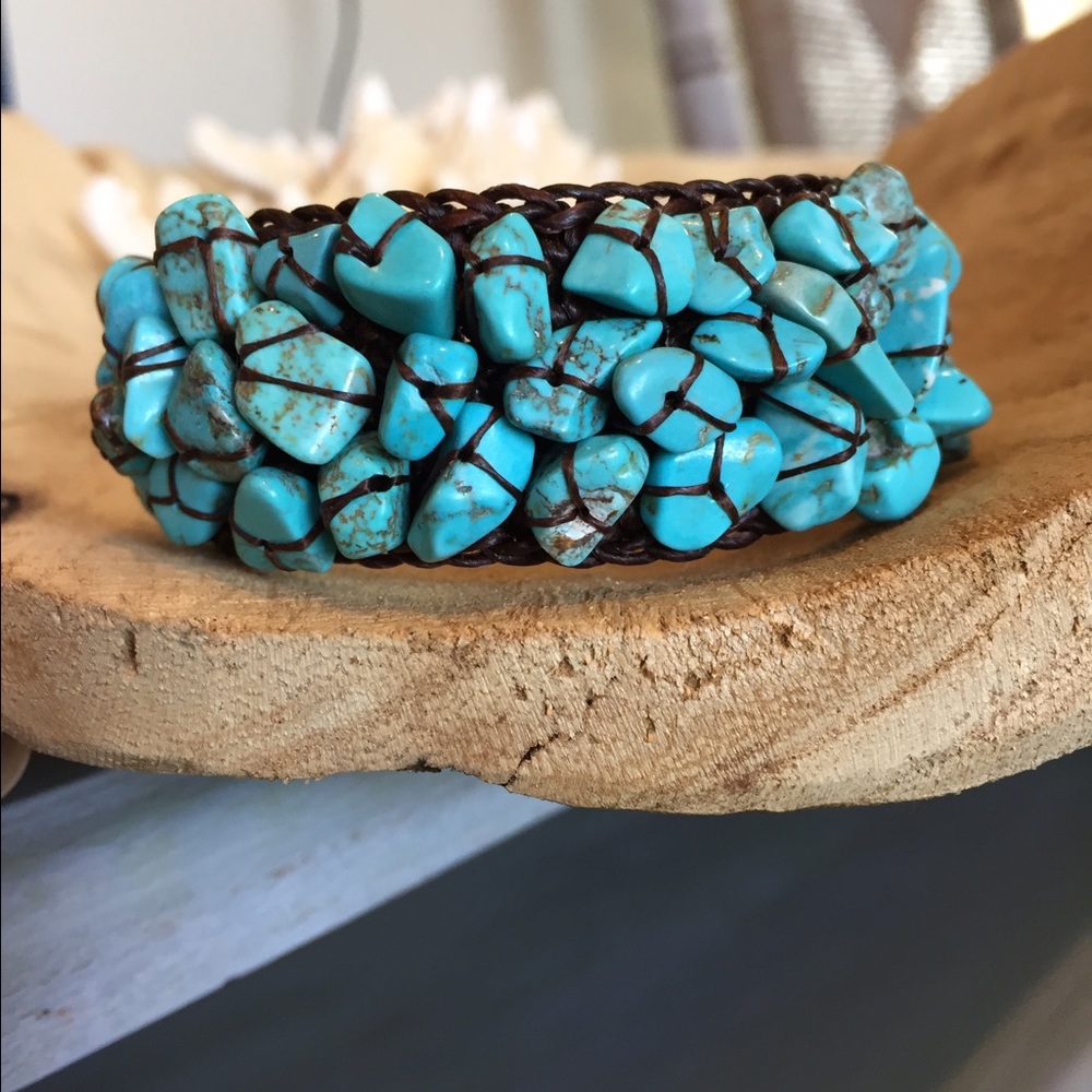 Turquoise chip woven cuff bracelet