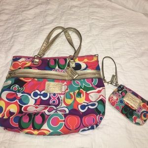 Coach Poppy multicolored tote and wristlet