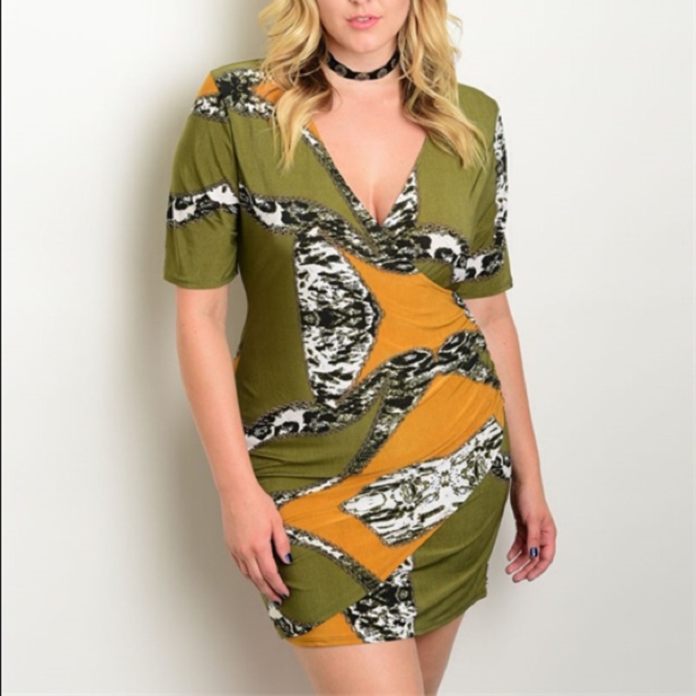 Plus Size 1X, 2X, 3X Olive & Mustard Artsy Dress