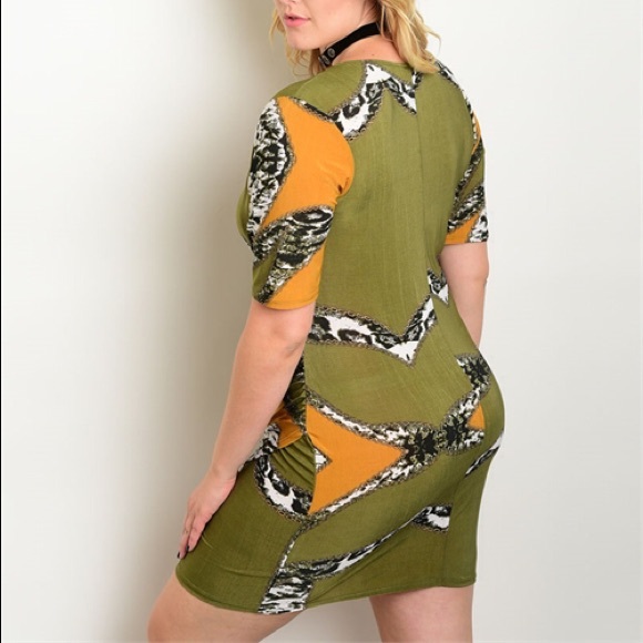 Plus Size 1X, 2X, 3X Olive & Mustard Artsy Dress - Picture 2 of 2