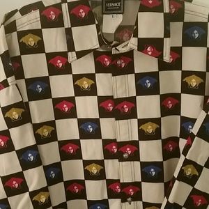 VERSACE shirt, checkered multi-color Medusa heads
