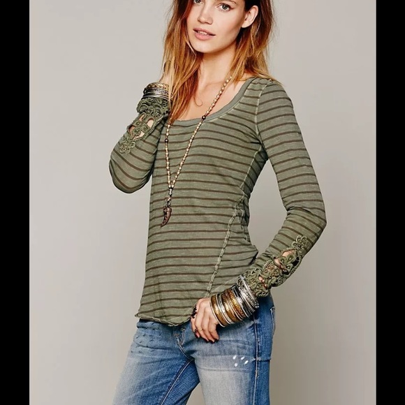 Free People Hard Candy Crochet Cuff Tee Olive - Picture 2 of 5