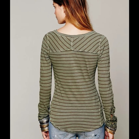 Free People Hard Candy Crochet Cuff Tee Olive - Picture 4 of 5