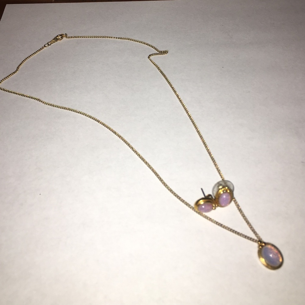 gold necklace with opal and two opal earrings