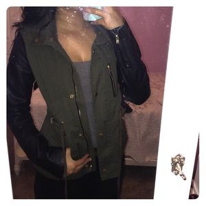 Army green leather sleeve jacket with gold zippers