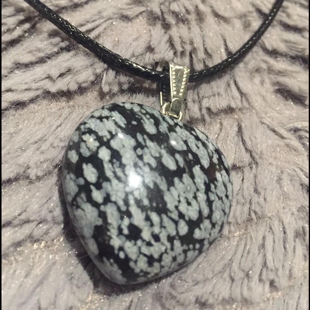 Snowflake Obsidian heart shaped stone necklace.