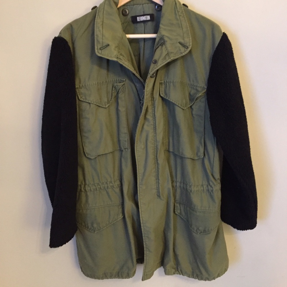 Reformation shearling sleeve anorak army jacket