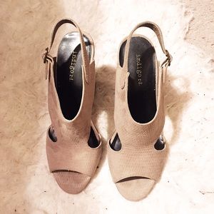 Indigo taupe block heels