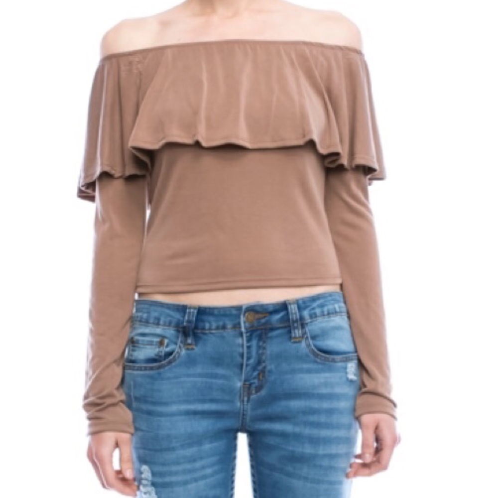 Taupe Long Sleeve Off Shoulder Ruffle Flounce Crop
