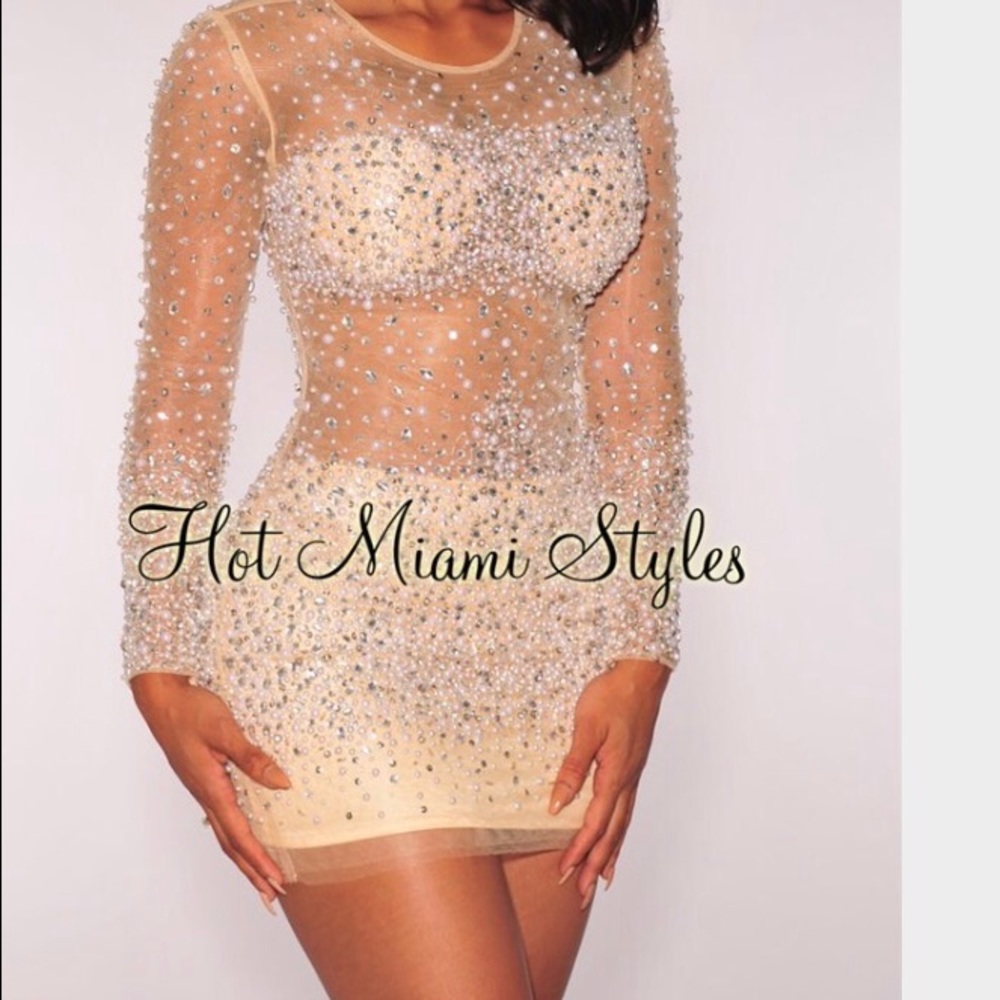 Nude Beaded Sequined Padded Dress
