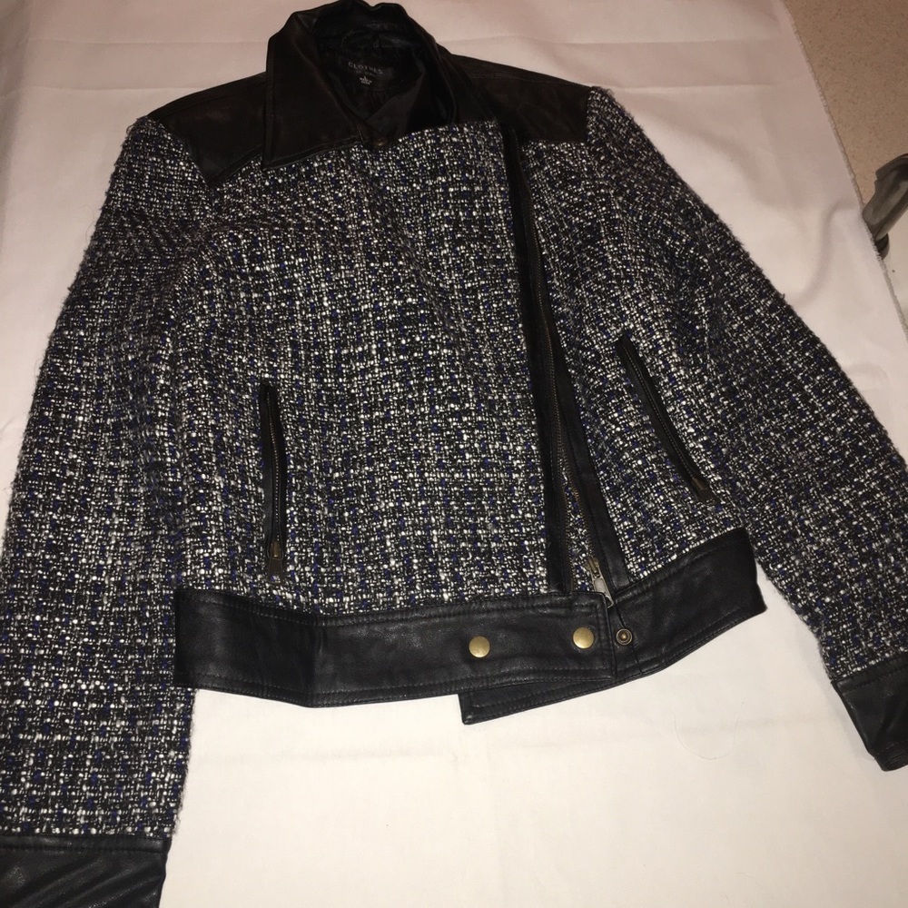 Plaid tweed and leather cropped Moto jacket