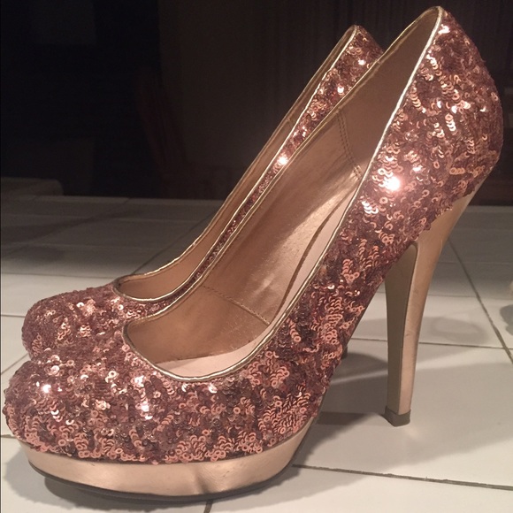 Coral Colored Sequin Sparkly Pumps - Picture 1 of 4