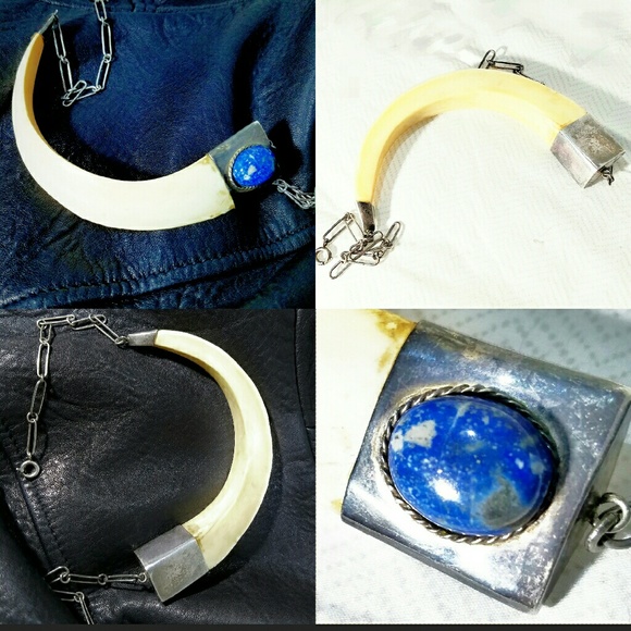 ❌SOLD Antique Tusk Choker Necklace Sterling Lapis❌ - Picture 3 of 4
