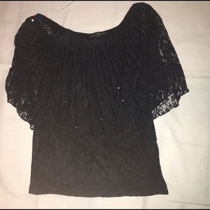 Blouse with sequin design and flirty mesh overlay