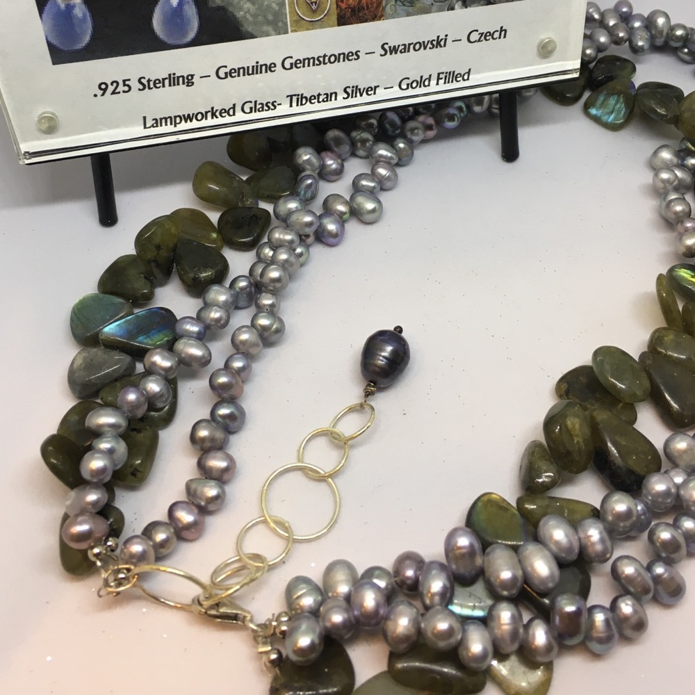 Closeout! One of a Kind 3 Strand Agate & Pearls