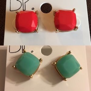 BP red and aqua stud earrings square